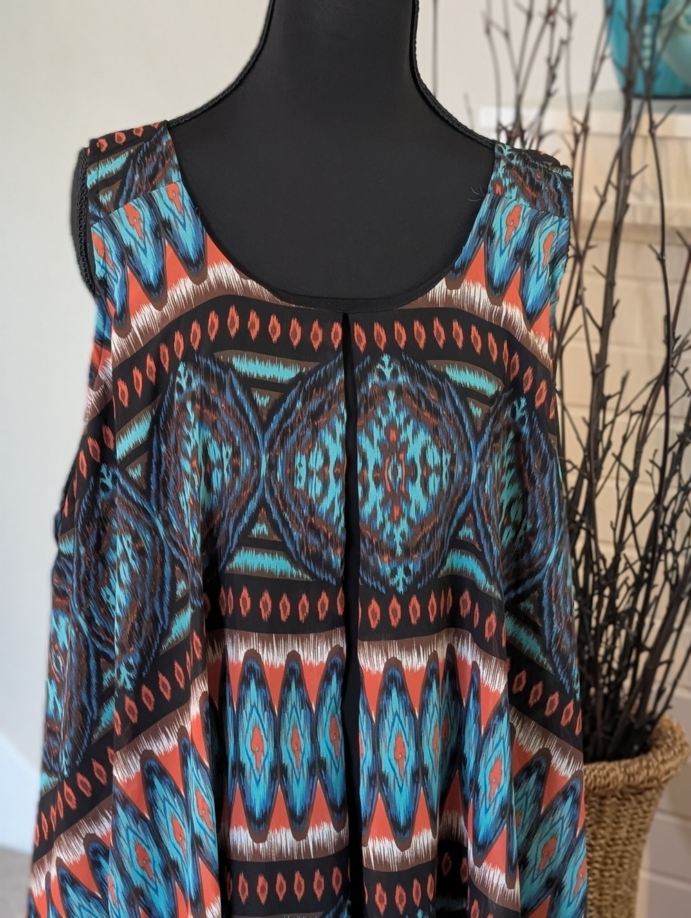 Cocomo Woman 2X Teal Orange Boho Tribal Print Asymmetrical Tunic Top Flowy (H)